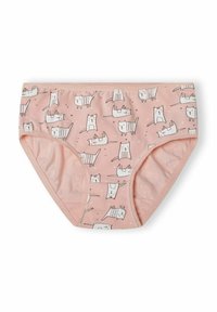 Rozā kokvilnas apakšveļa ar jautru kaķu un mazu sirsniņu rakstu, elastīgu jostu un mīkstu tekstūru.