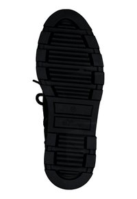 Semelle de chaussure en caoutchouc noir avec un motif texturé, présentant des rainures horizontales et verticales, marquée du nom de la marque "s.Oliver" et de la taille "37."