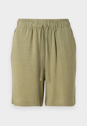 Olive green shorts made from a textured, breathable fabric. Features an elastic waistband and drawstring for adjustable fit.