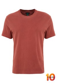 T-shirt in cotone a maniche corte color ruggine con un piccolo logo "10 Years" in arancione e viola in basso a destra.