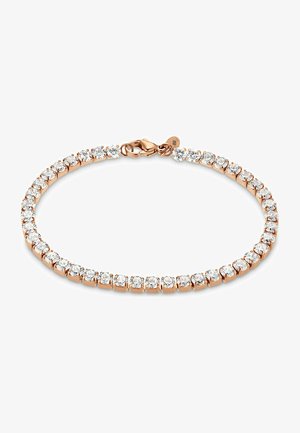 Armband aus Roségold, verziert mit einer Reihe von klaren, quadratisch geschliffenen Kristallen, die mit einem Verschluss gesichert sind und ein schlankes, einheitliches Design präsentieren.
