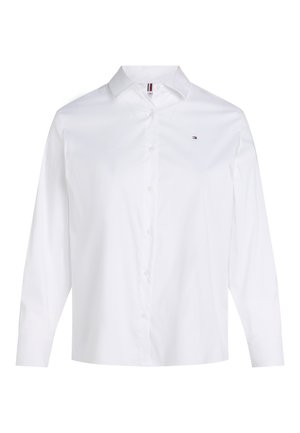 White long-sleeve button-up shirt made of cotton, featuring a classic collar, front placket, and a small logo on the upper left chest.