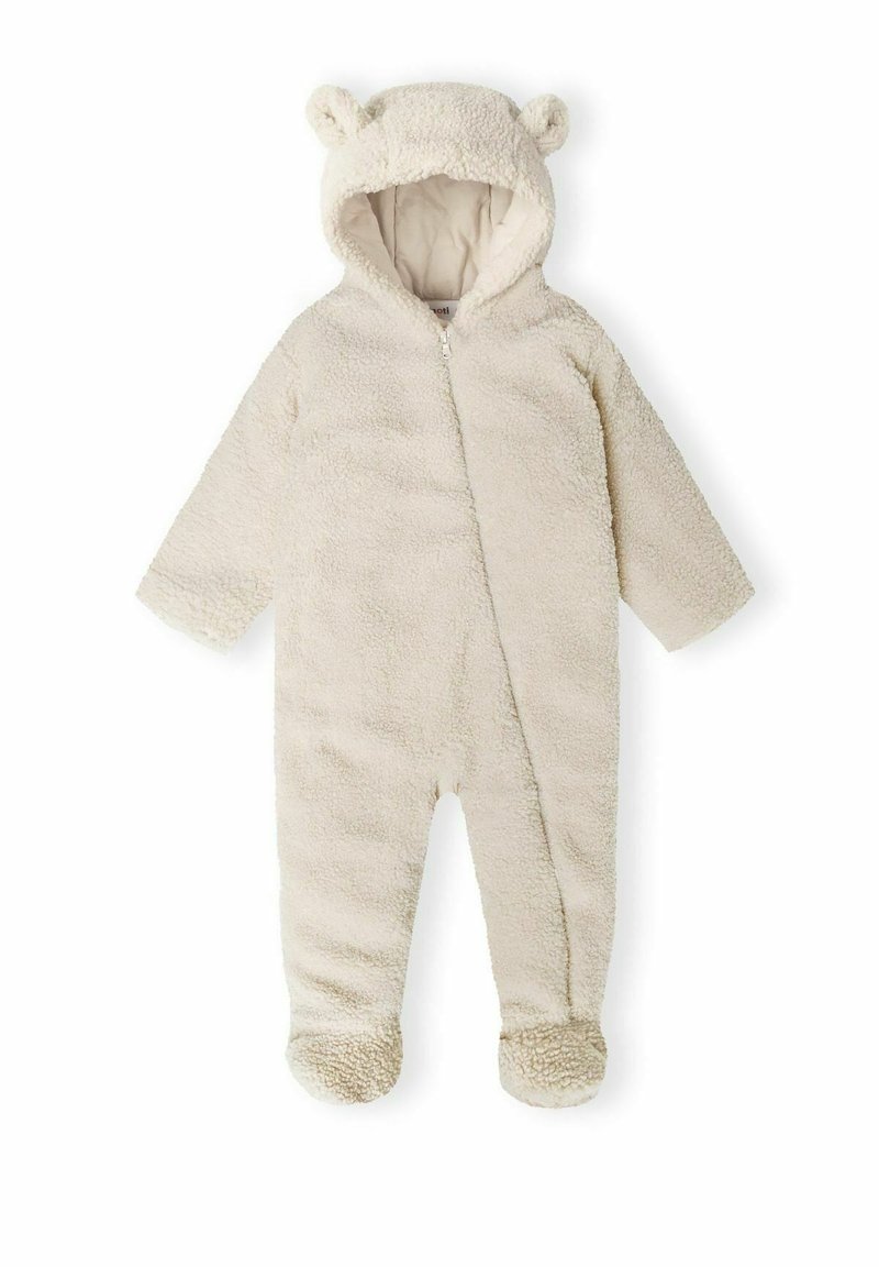 Ljusbeige enstyckad sn overall med huva som har björnoar och en framdragkedja, designad för spädbarn eller småbarn. Mjuk, fluffig material.