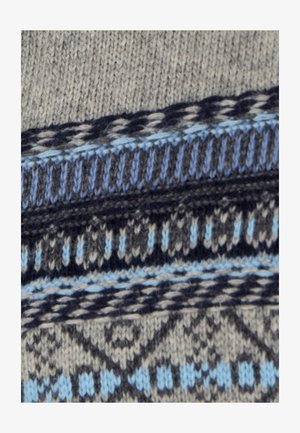 Strickpulloverstoff mit einem Muster aus Blau, Grau und Schwarz. Texturiert mit horizontalen und diamantförmigen Formen in verschiedenen Dicken.