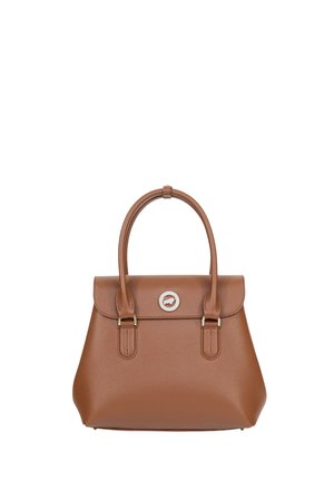 Borsa a tracolla in pelle marrone con manici superiori arcuati, chiusura a patta e emblema circolare in argento con logo al centro davanti.