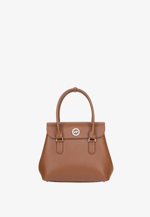 Borsa a tracolla in pelle marrone con manici superiori arcuati, chiusura a patta e emblema circolare in argento con logo al centro davanti.