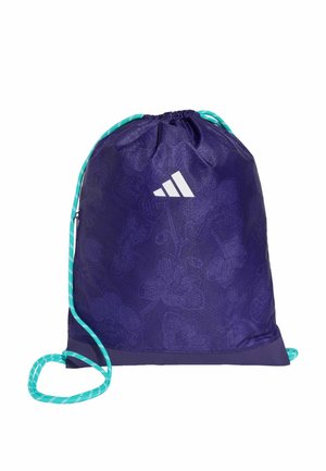 Borsa con coulisse viola scuro, spallacci azzurri, motivo floreale discreto e logo Adidas bianco sul davanti.
