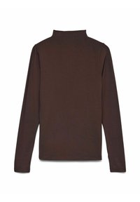 Maglione a maniche lunghe color marrone con colletto alto, realizzato in un tessuto morbido, caratterizzato da un design semplice senza pattern o decorazioni.