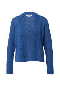 Blauwe open voorzijde gebreide cardigan met lange mouwen en getextureerde verticale panelen, gelabeld s.Oliver.
