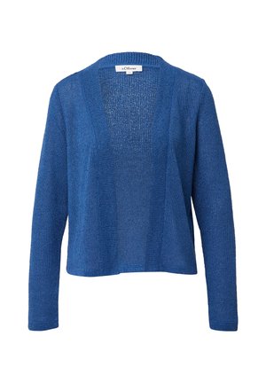 Blue open-front knitted cardigan with long sleeves and textured vertical panels, labeled s.Oliver.