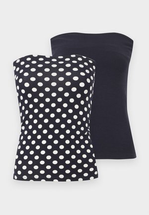 Kaks varrukateta, rihmadeta topi: üks üleni tume meresinine, teine meresinine suure valge täpilise mustriga, mõlemad keha järgi lõigatud ja vööjoonelised.