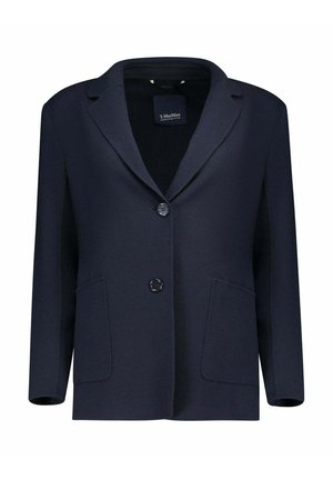 Marineblauwe enkelrijjige blazer met twee knopen, inkepingsrevers en twee opgestikte voorzakken, geschikt voor een ontspannen pasvorm.