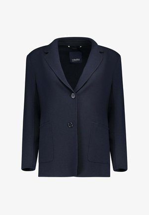 Marineblauwe enkelrijjige blazer met twee knopen, inkepingsrevers en twee opgestikte voorzakken, geschikt voor een ontspannen pasvorm.