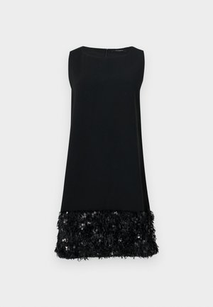 Zwarte mouwloze jurk met een soepel bovenstuk en een textuuraccent aan de onderrand met sequins, voorzien van een ronde halslijn en een rits aan de achterkant.