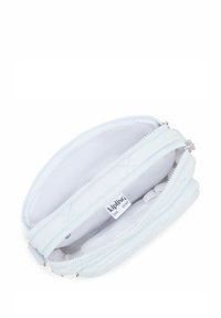 Custodia trapuntata azzurro chiaro con due cerniere, caratterizzata da un interno liscio. Include un'etichetta con il testo "kipling" e "live light".