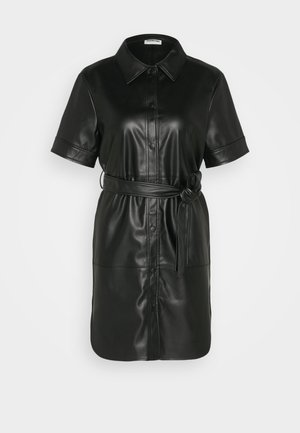 Black faux leather shirt dress with short sleeves, button-down front, matching belt, and two front pockets. Smooth texture with a sleek silhouette.