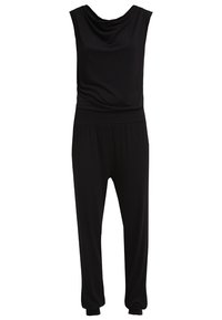 Mono negro con escote drapeado, diseño sin mangas, cintura elástica y piernas ajustadas, hecho de material elástico.