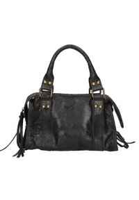 Borsa a tracolla in pelle nera con una forma strutturata, accessori in argento e frange decorative sui lati. Presenta due manici corti e una chiusura a zip.