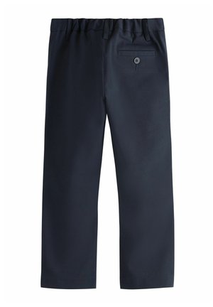 Navy blue, woven trousers with an elastic waistband, straight legs, and a back pocket featuring a button closure.