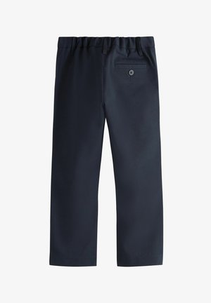 Marineblauwe, geweven broeken met een elastische tailleband, rechte pijpen en een achterzak met een knoopsluiting.