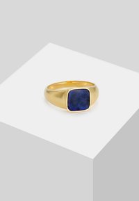 Goldring mit einem quadratischen, tiefblauen Stein. Der Ring ist glatt und poliert und hat einen dünnen Goldrand um den Stein.