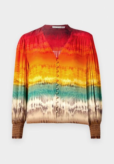 Bunte Bluse mit einem Farbverlauf von Rot über Orange bis Teal, mit einem V-Ausschnitt, Knopfleiste und detailreichen Manschetten.