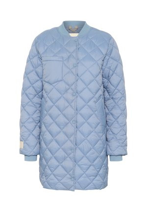 Himmelblau gesteppte Jacke mit rundem Kragen, Druckknöpfen, einer Fronttasche und gerippten Manschetten. Glatte Textur mit Rautenmuster.