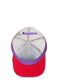 Cap features a red front, purple brim and edging, and a mesh back. Interior displays repeated text and a plastic strap for adjustment.