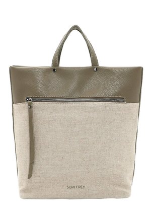 Sac cabas rectangulaire bicolore beige et olive avec dessus en cuir texturé, poche zippée à l'avant et poignées courtes.