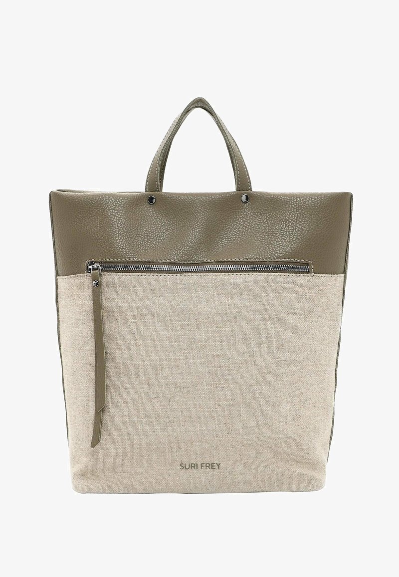 Sac cabas rectangulaire bicolore beige et olive avec dessus en cuir texturé, poche zippée à l'avant et poignées courtes.