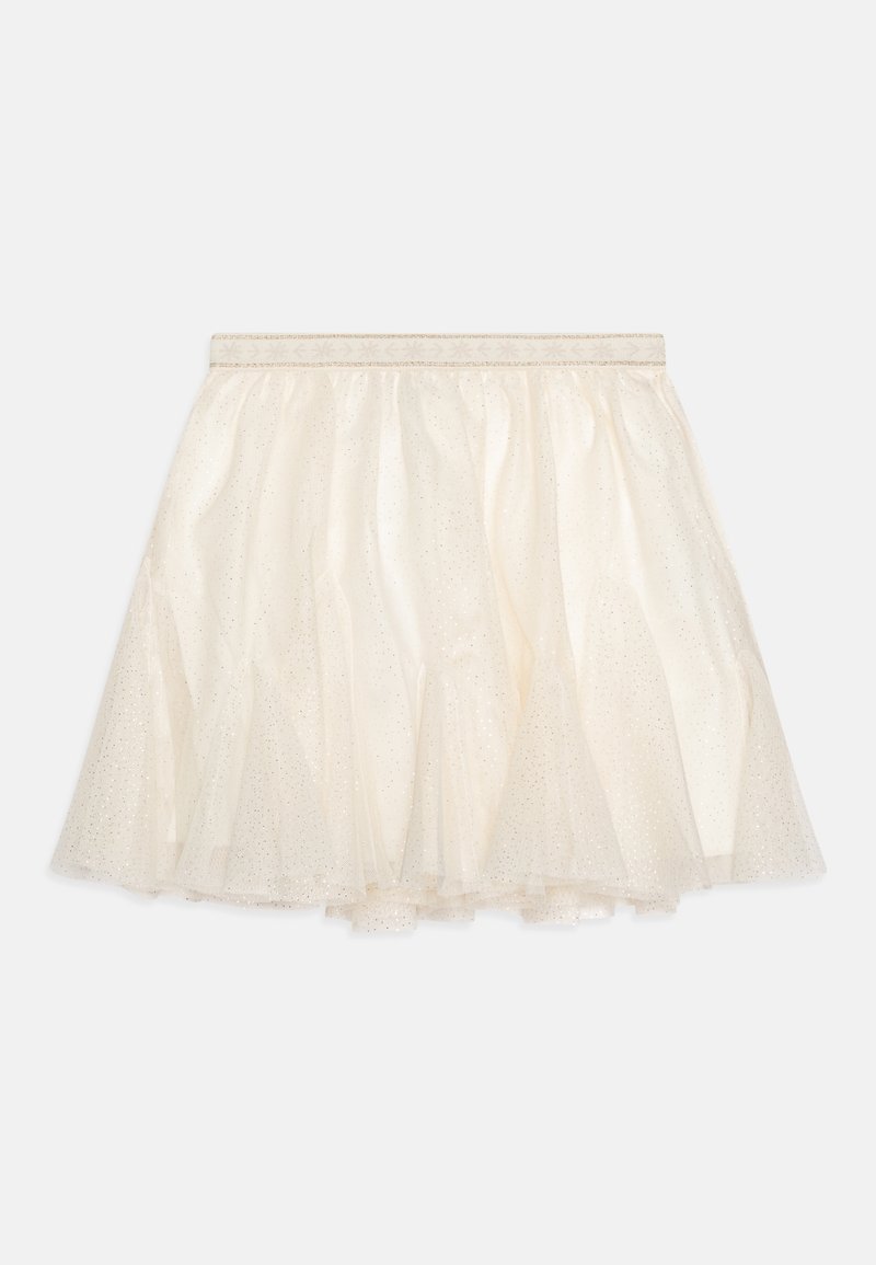 Jupe courte ivoire en tulle superposé avec une forme légèrement évasée, ornée d'un motif de pois scintillants et d'une taille élastique.