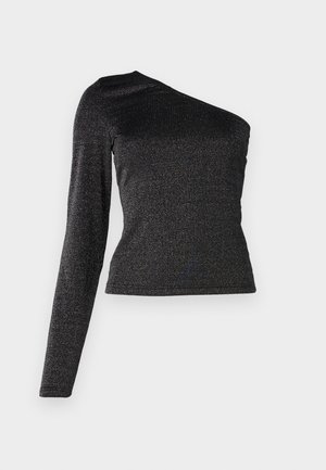 Top nero a spalla sola con manica lunga, realizzato in tessuto testurizzato e lucido, dalla silhouette aderente e con una sottile lucentezza metallica.