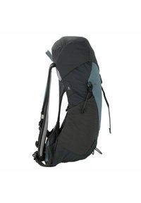 Rugzak met een zwart en teal ontwerp, voorzien van een meshpaneel, verstelbare schouderbanden en een bovenklep voor extra opbergruimte. Gemaakt van lichtgewicht stof.