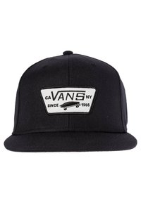 Cappellino snapback nero con visiera piatta, caratterizzato da una toppa rettangolare bianca con la scritta "VANS" e una grafica di skate, realizzato in tessuto misto poliestere.