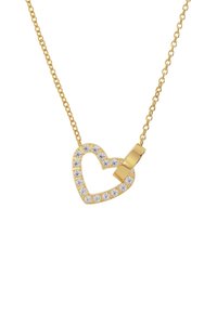 Auksinė grandinėlė su atviru širdies formos pakabuku, puoštas mažais skaidriais brangakmeniais ir lygia auksine kilputa vienoje pusėje.