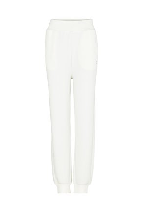 Pantaloni della tuta bianchi realizzati in un tessuto morbido, con una ampia vita elastica, due tasche laterali e polsini affusolati alle caviglie.