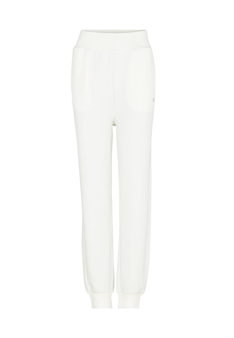 Witte sweatpants van zacht materiaal, met een brede elastische tailleband, twee zijzakken en taps toelopende boorden bij de enkels.