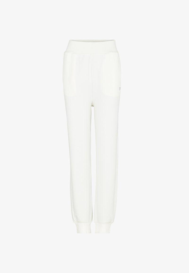 Witte sweatpants van zacht materiaal, met een brede elastische tailleband, twee zijzakken en taps toelopende boorden bij de enkels.