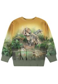 Mikina s dlhým rukávom so žltovo-zeleným gradientným dizajnom. Na prednej strane sú rôzne dinosaury obklopené zeleňou, s detailnými textúrami a farbami.