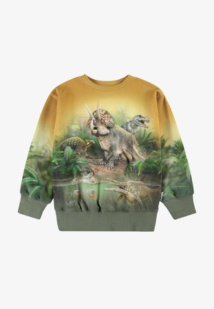 Langærmet sweatshirt med et gradient design fra gul til grøn. Forsiden viser forskellige dinosaurer blandt grønt, med detaljerede teksturer og farver.