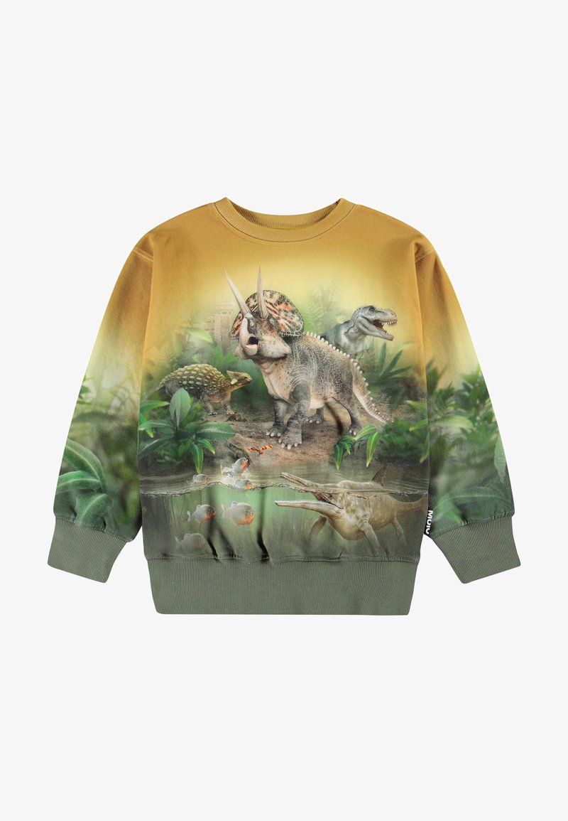 Sweatshirt cu mânecă lungă, prezentând un design în gradient de la galben la verde. Fața ilustrează diferite dinozauri printre vegetație, cu texturi și culori detaliate.