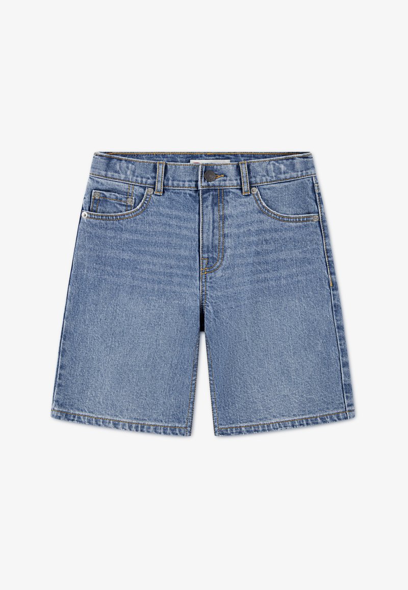 Jasnoniebieskie szorty dżinsowe z paskiem zapinanym na guzik, szlufkami na pasek i czterema kieszeniami. Gładka tekstura z delikatnym przetarciem.