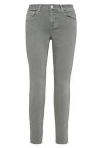 Szare rurki z denimu z wysokim stanem, wyposażone w przednie kieszenie, zamek błyskawiczny oraz subtelne przetarcia nadające miękką teksturę.