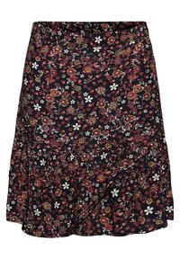 Jupe noire avec un petit motif floral rouge, jaune et blanc, avec un détail volanté évasé près de l'ourlet.