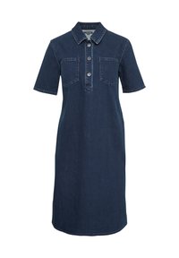 Dunkelblaues Denim-Hemdkleid mit Kragen, kurzen Ärmeln, zwei Brusttaschen und einer Knopfleiste. Glatte Textur und knielanges Design.