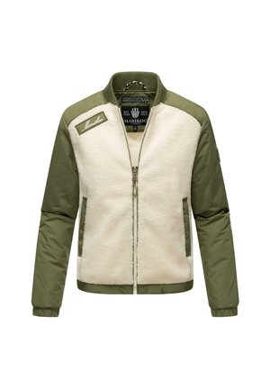 Fuzzy cream jacket with olive green sleeves, zip closure, ribbed collar, and logo detail on the chest. Soft texture and sporty design.
