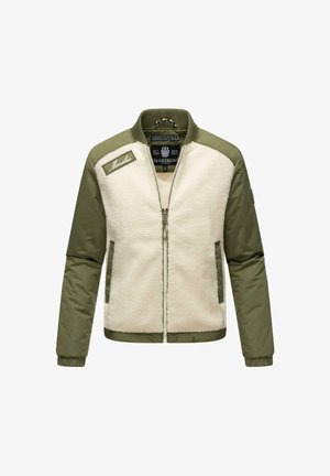 Fuzzy cream jacket with olive green sleeves, zip closure, ribbed collar, and logo detail on the chest. Soft texture and sporty design.