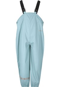 Blaue wasserdichte Latzhose mit verstellbaren schwarzen Trägern, elastischen Bündchen und einem reflektierenden silbernen Band am Saum. Glattes, strapazierfähiges Material.