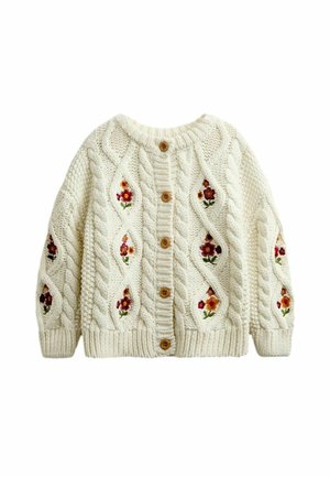 Cremefarvet strikket cardigan med brune knapper, med kabelmønstre og broderede røde og orange blomsterdesign på for- og ærmer.