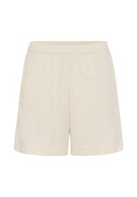 Shorts en lin d'une couleur blanc crémeux, avec une coupe décontractée, une texture douce et une taille élastique simple pour le confort.